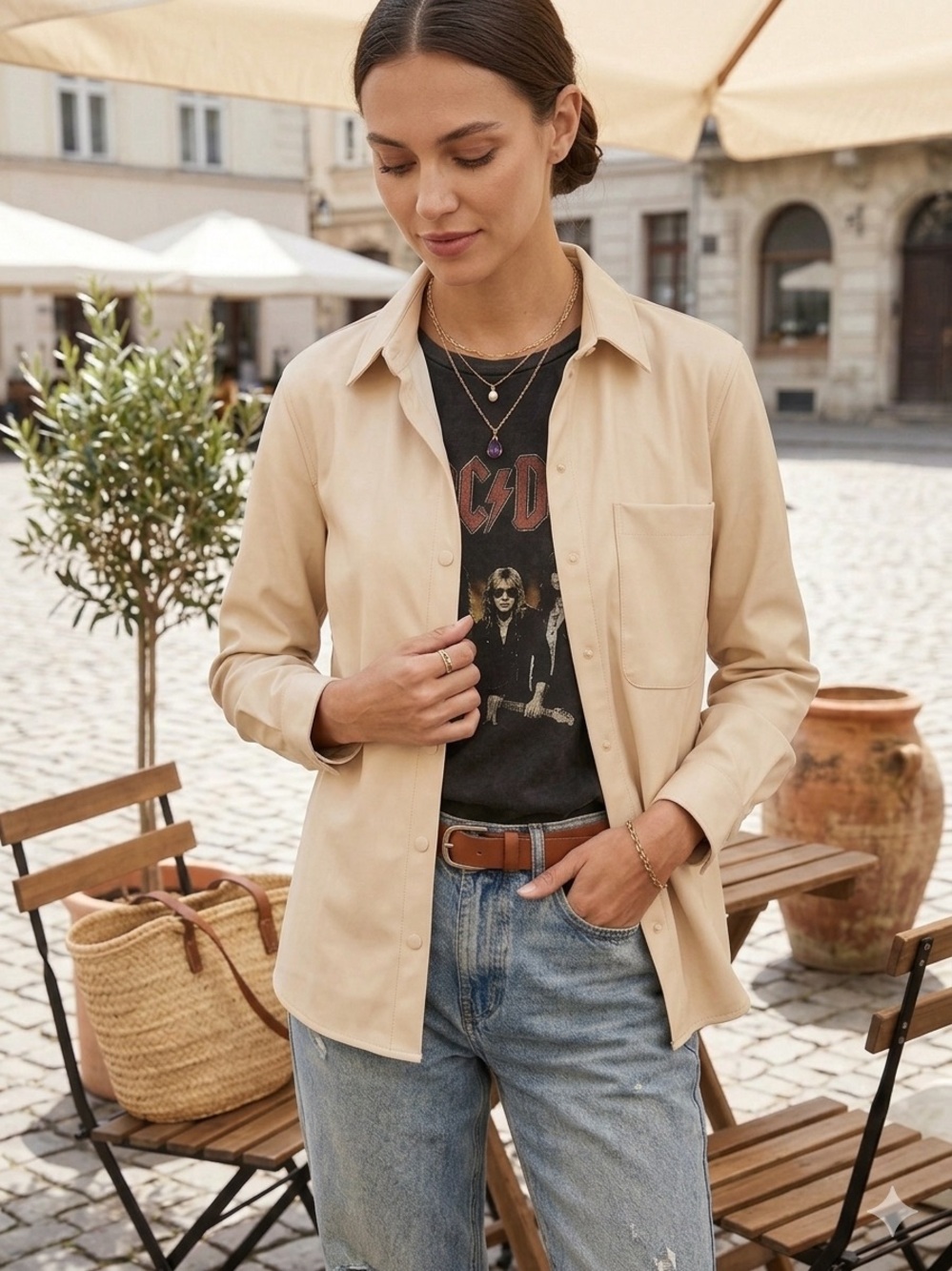 A New Day Cream Faux Leather Button Down Shirt Jacket - M